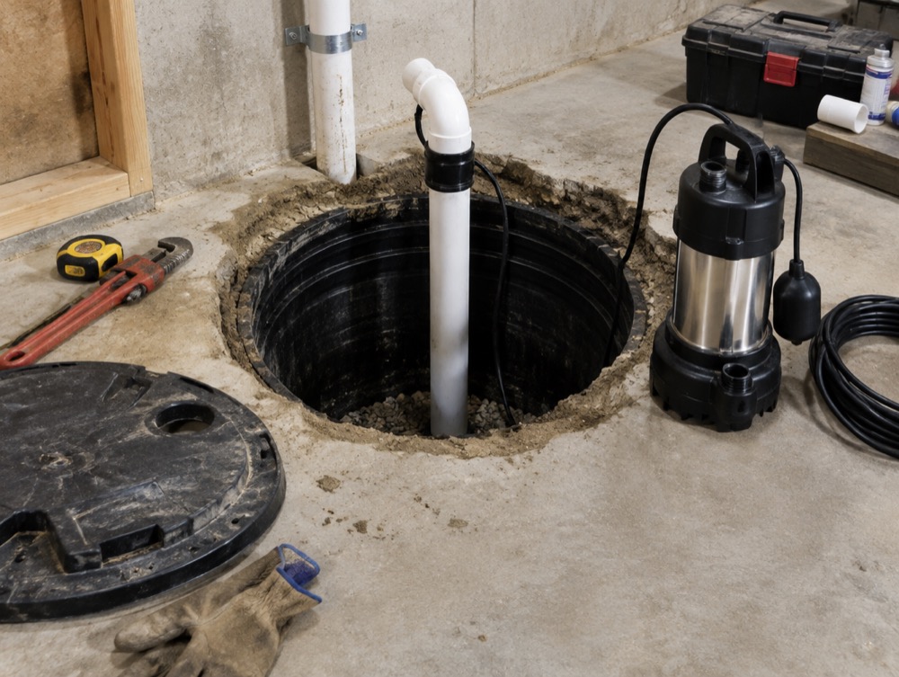 Sump pump being installed in a basin with discharge line in a Charlotte crawl space