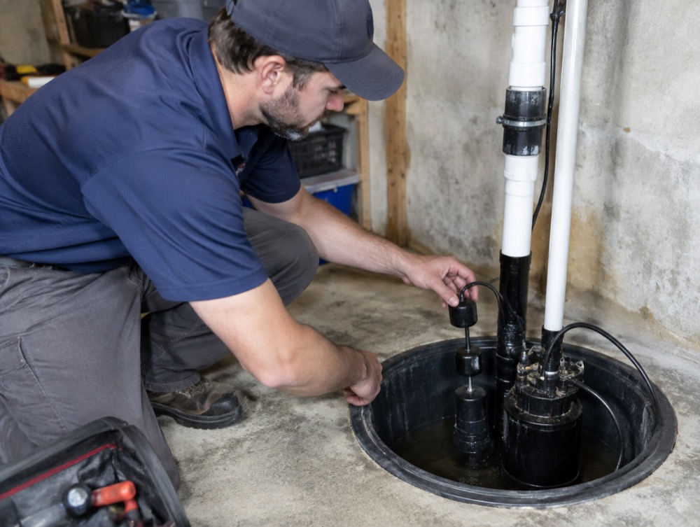Technician diagnosing and repairing a sump pump float switch